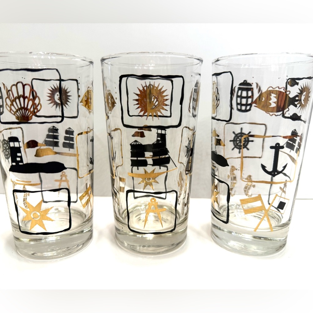 Set of 3 Dominion Glass Nautical Tumblers – Gold & Black Motif – 5”